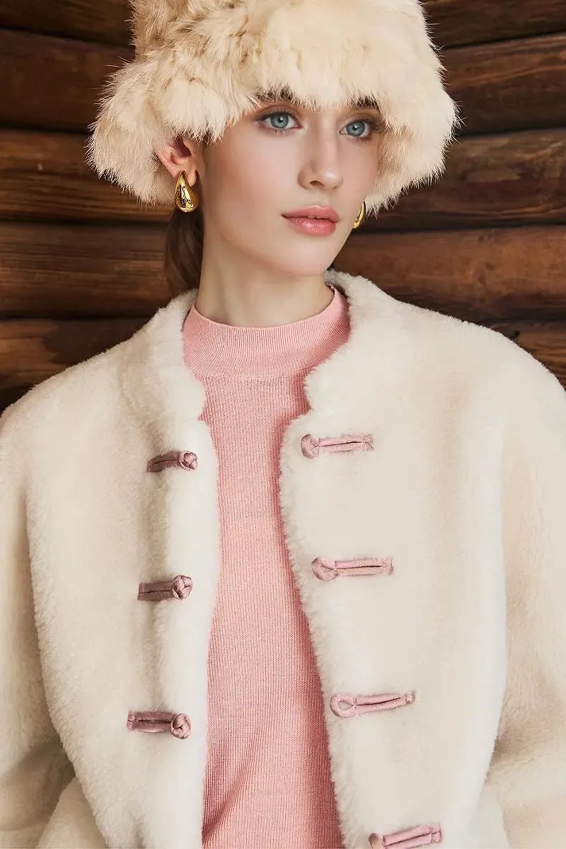 Mandarin Inspired Genuine Shearling & Faux Suede Jacket