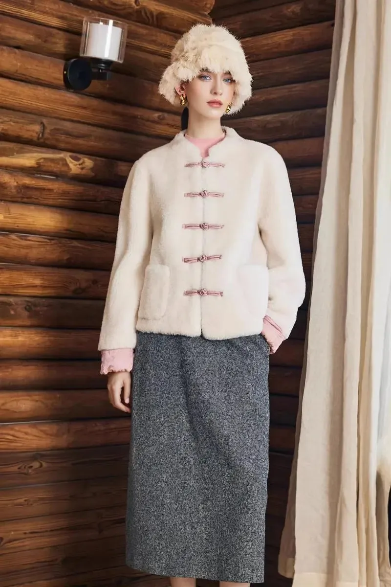 Mandarin Inspired Genuine Shearling & Faux Suede Jacket