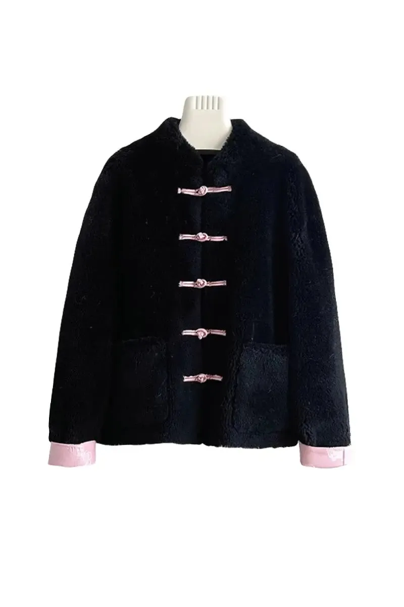 Mandarin Inspired Genuine Shearling & Faux Suede Jacket