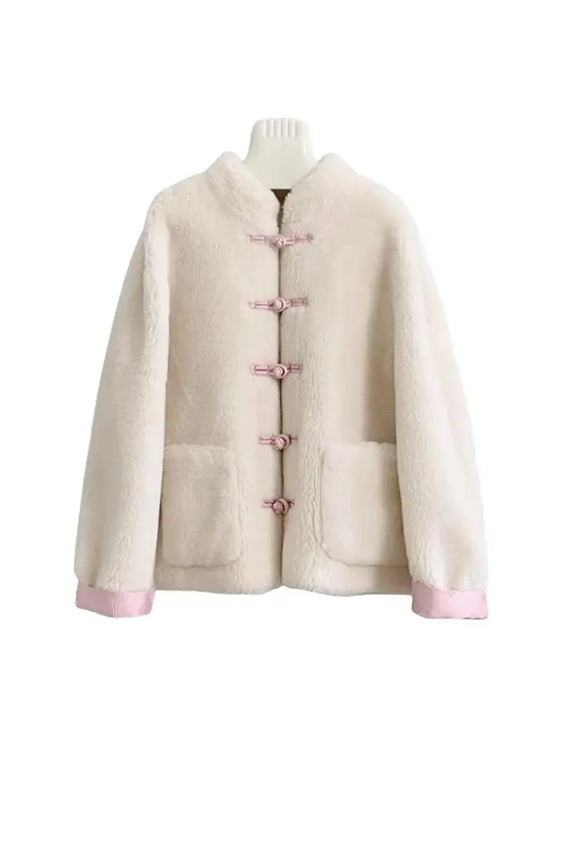 Mandarin Inspired Genuine Shearling & Faux Suede Jacket
