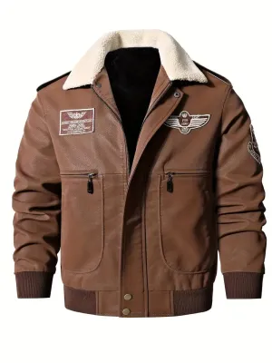 Men's Stylish Vegan Leather Pilot Jacket with Fleece Fur Collar | Ideal for Autumn/Winter