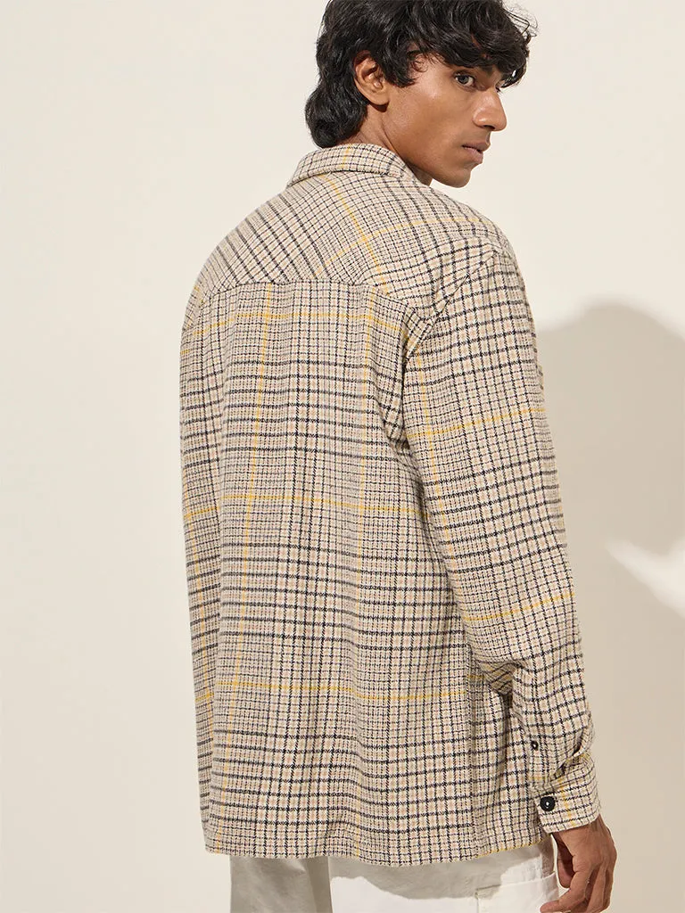 Nuon Beige Checkered Relaxed-Fit Cotton Shacket