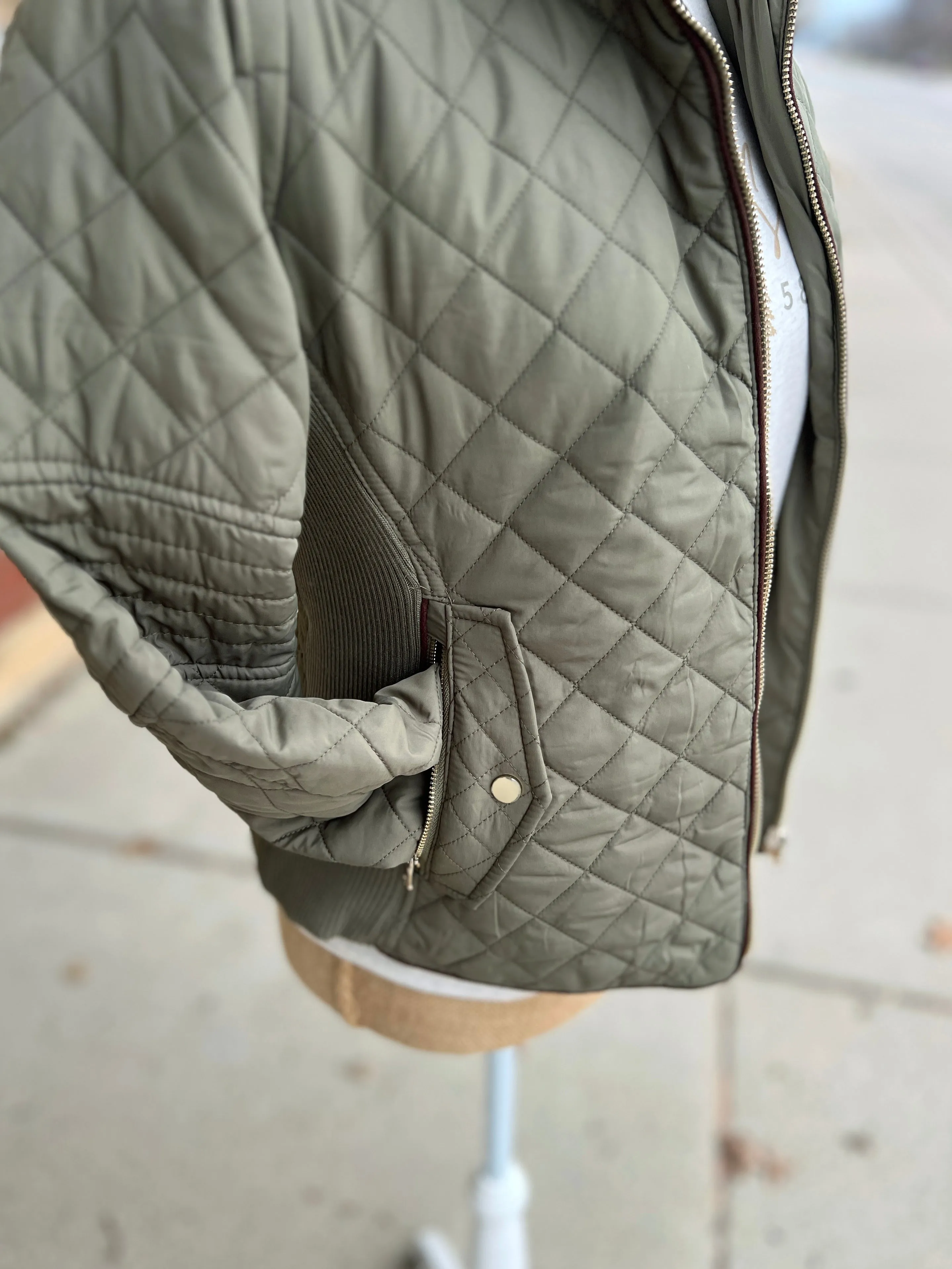 Piping Detail Quilted Jacket - Olive