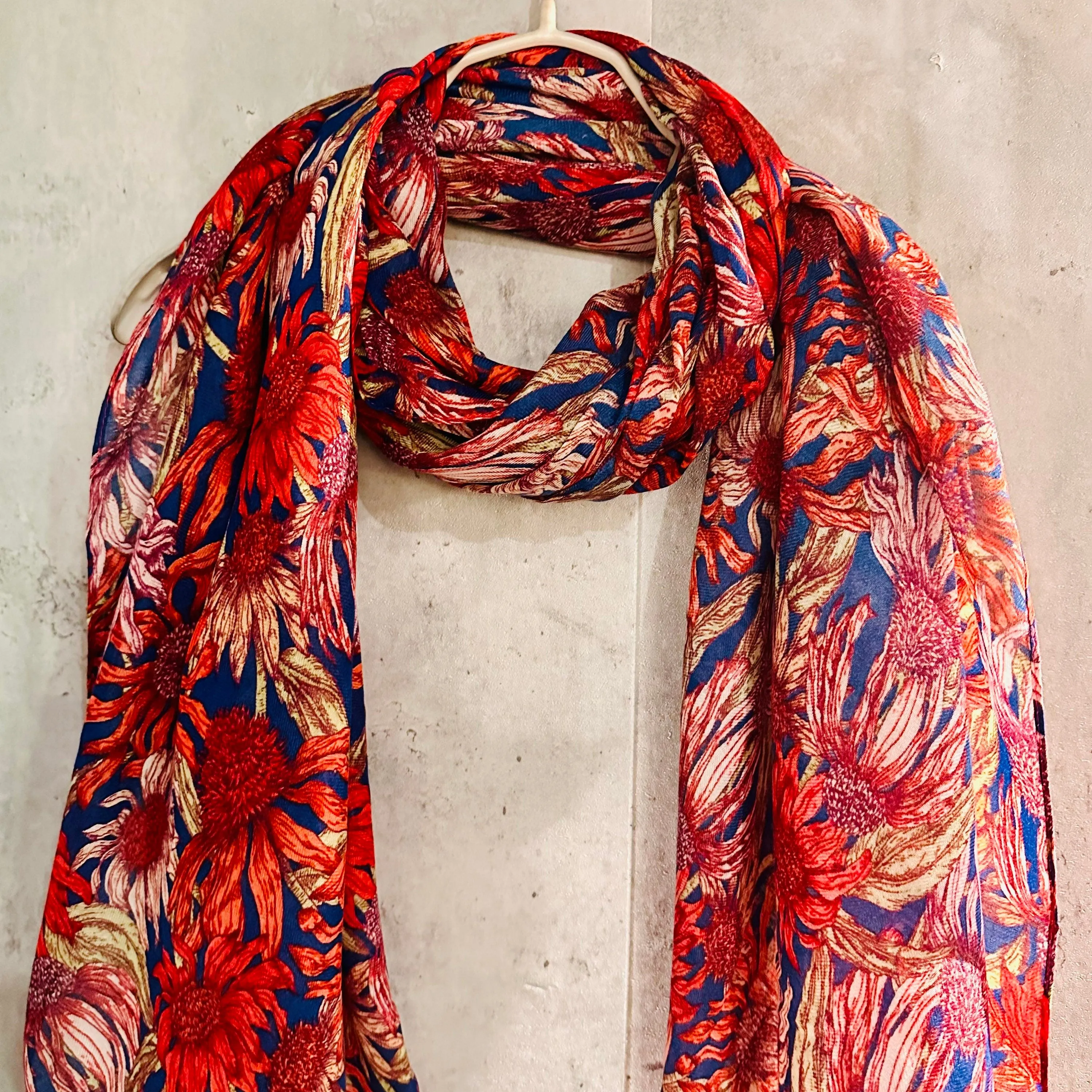 Red Organic Cotton Scarf with Eco-Friendly Sketched Sunflowers – A Thoughtful Gift for Mom, Perfect for Birthday and Christmas Celebrations