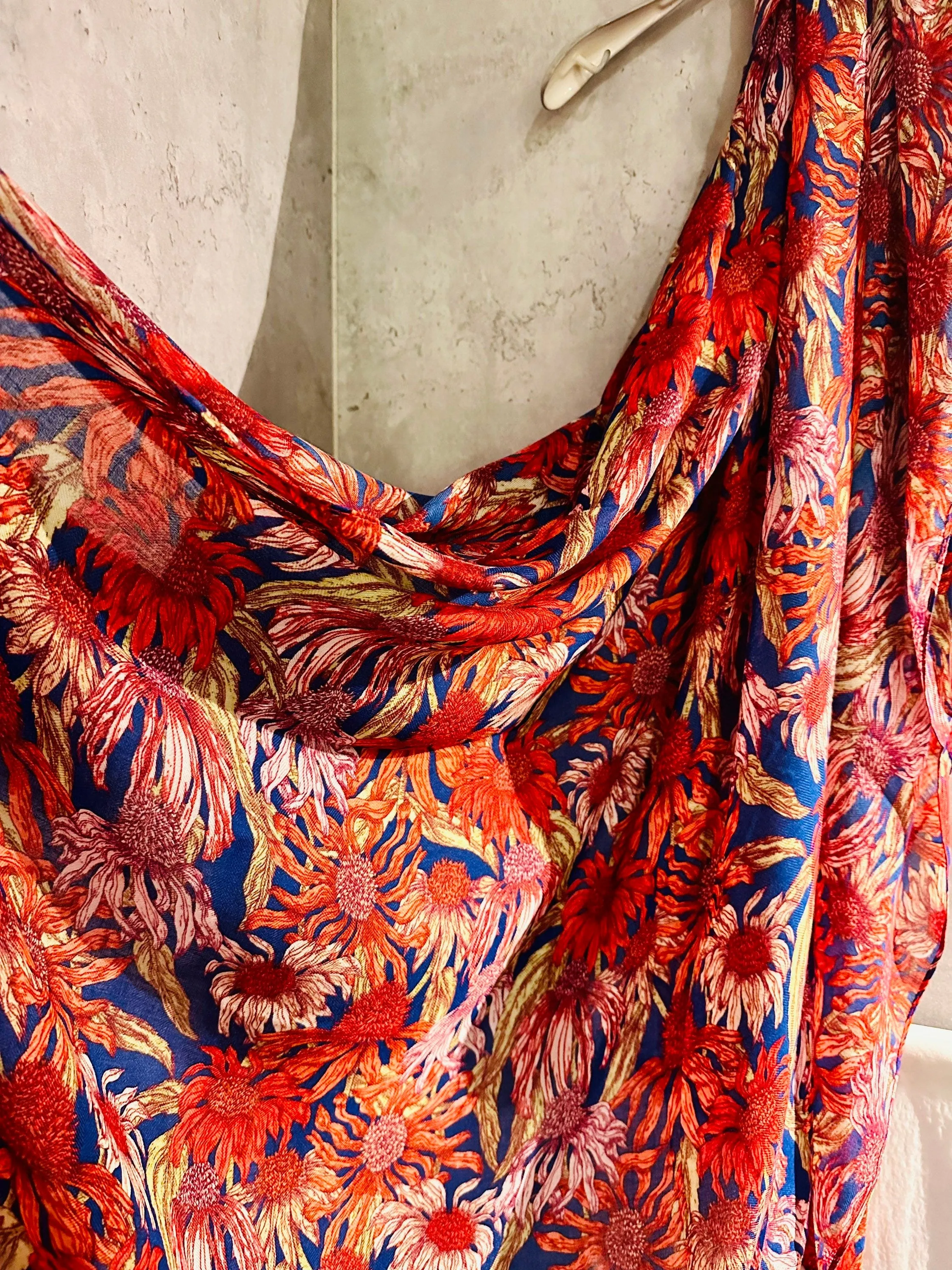 Red Organic Cotton Scarf with Eco-Friendly Sketched Sunflowers – A Thoughtful Gift for Mom, Perfect for Birthday and Christmas Celebrations
