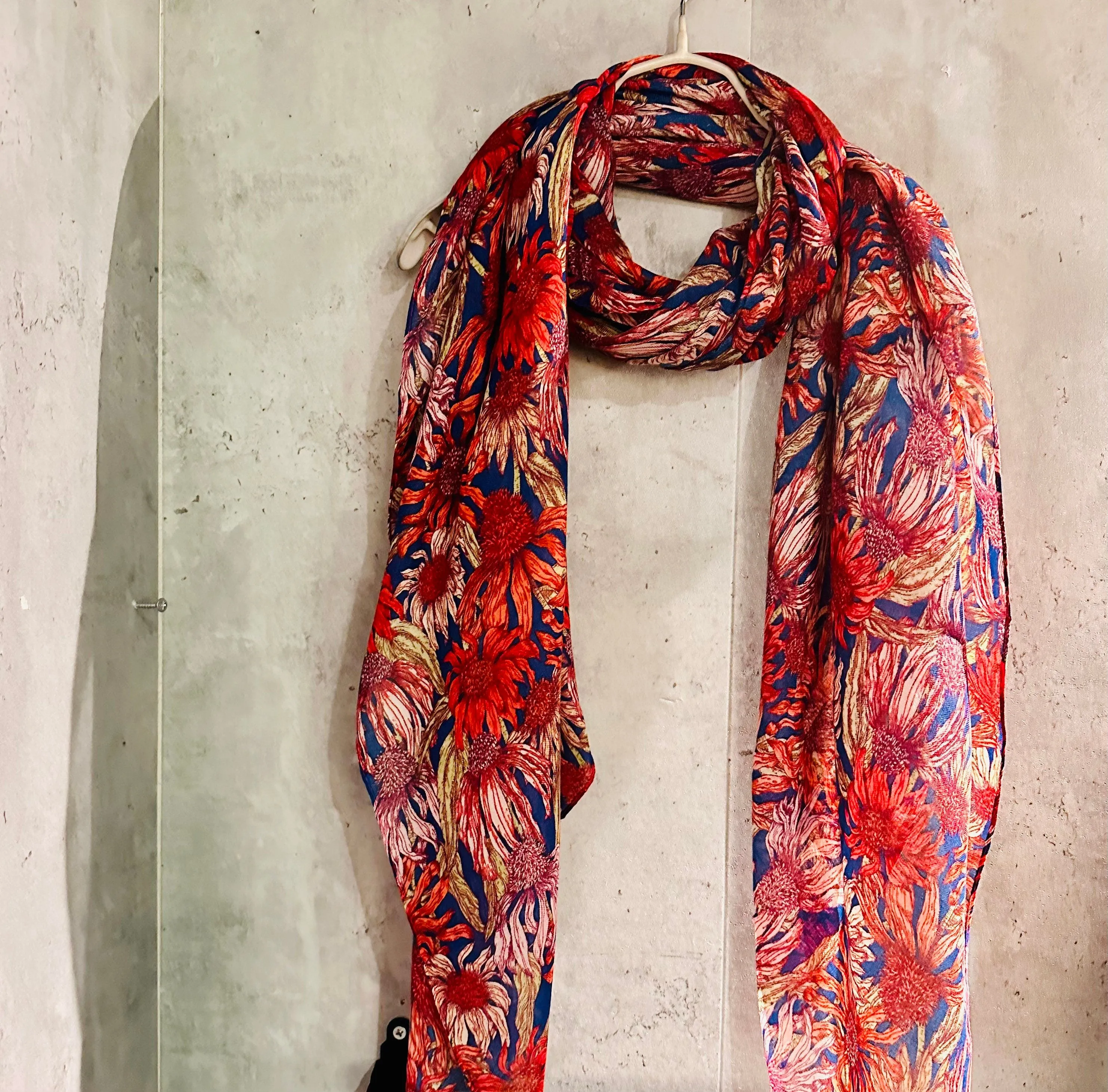 Red Organic Cotton Scarf with Eco-Friendly Sketched Sunflowers – A Thoughtful Gift for Mom, Perfect for Birthday and Christmas Celebrations