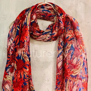 Red Organic Cotton Scarf with Eco-Friendly Sketched Sunflowers – A Thoughtful Gift for Mom, Perfect for Birthday and Christmas Celebrations