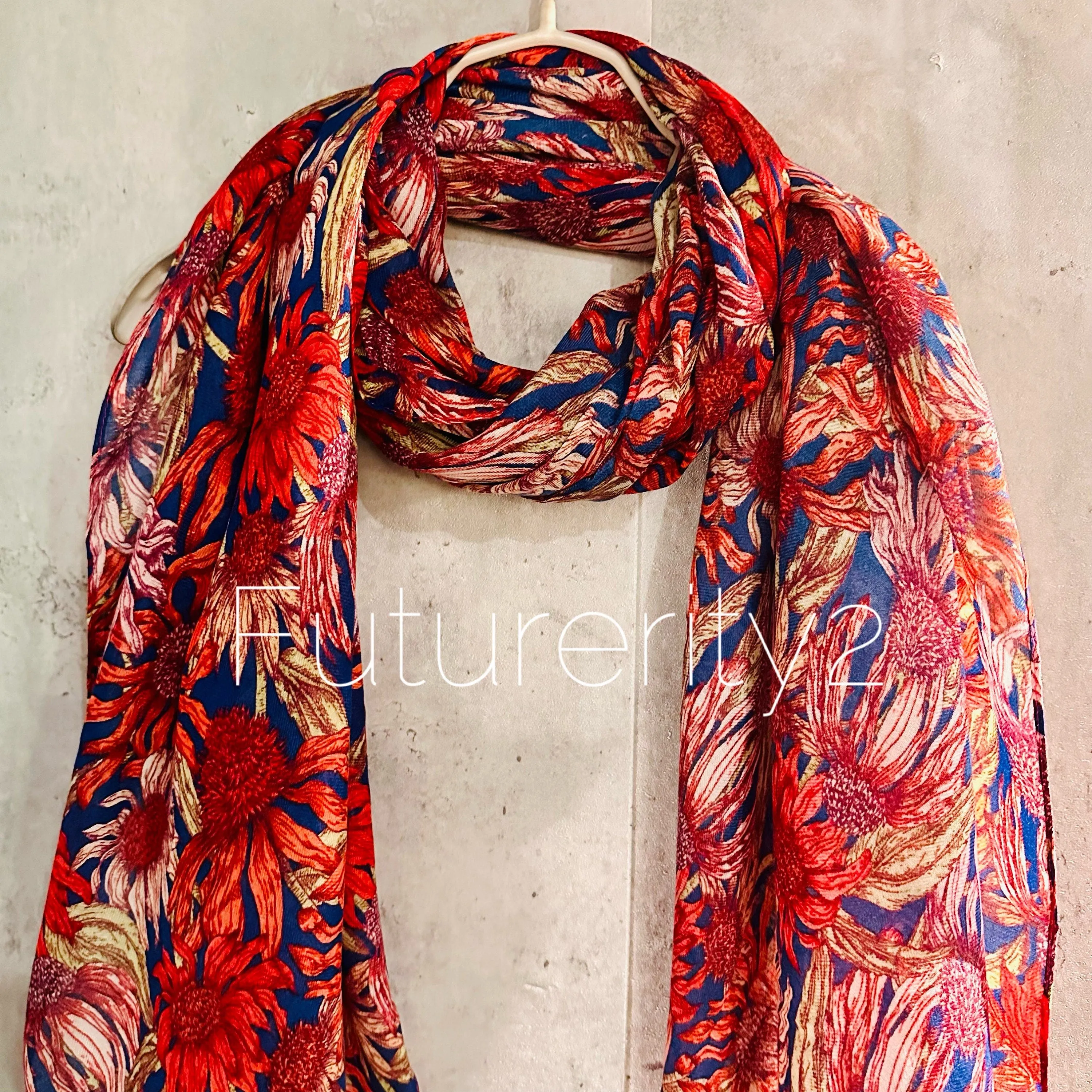 Red Organic Cotton Scarf with Eco-Friendly Sketched Sunflowers – A Thoughtful Gift for Mom, Perfect for Birthday and Christmas Celebrations