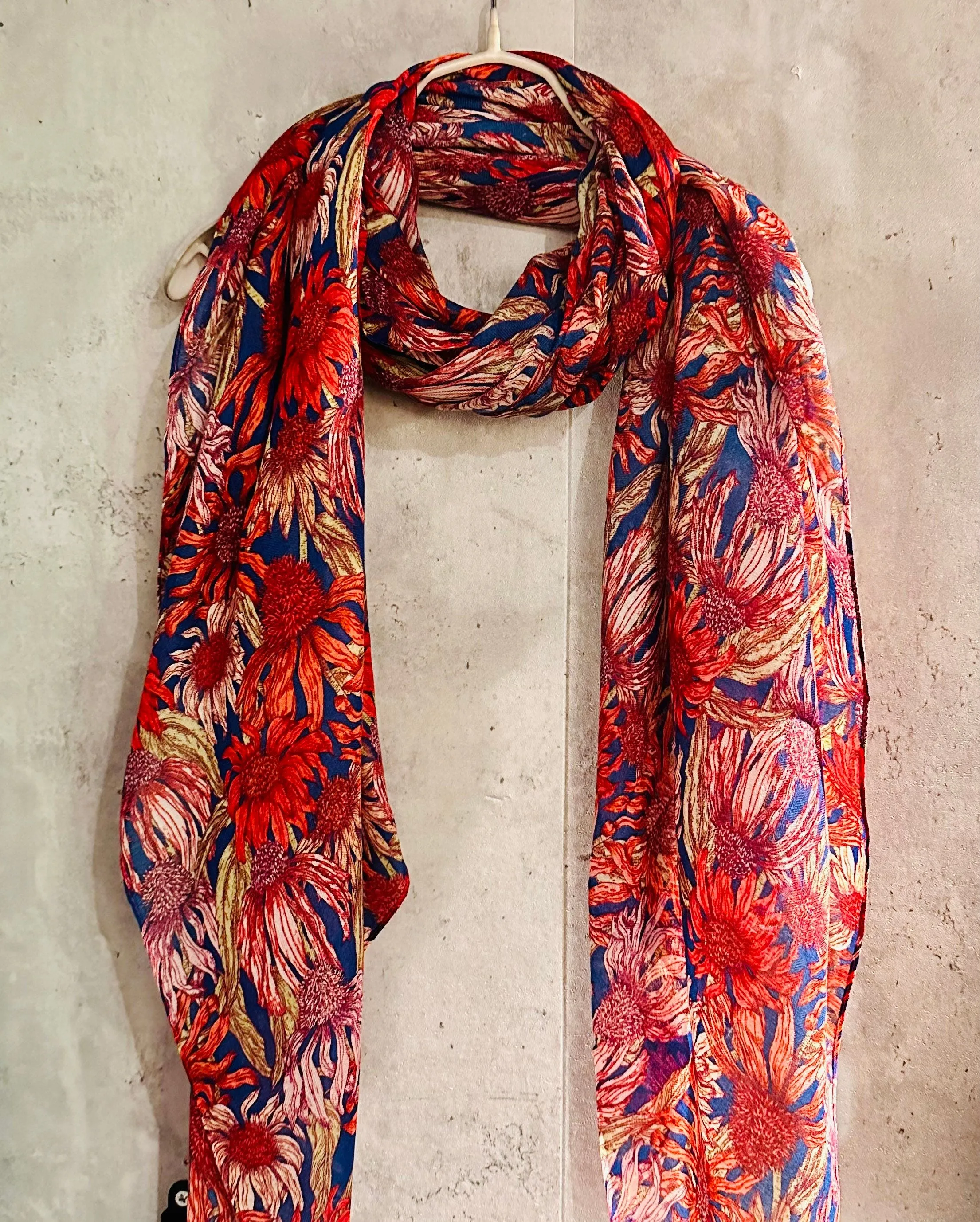 Red Organic Cotton Scarf with Eco-Friendly Sketched Sunflowers – A Thoughtful Gift for Mom, Perfect for Birthday and Christmas Celebrations