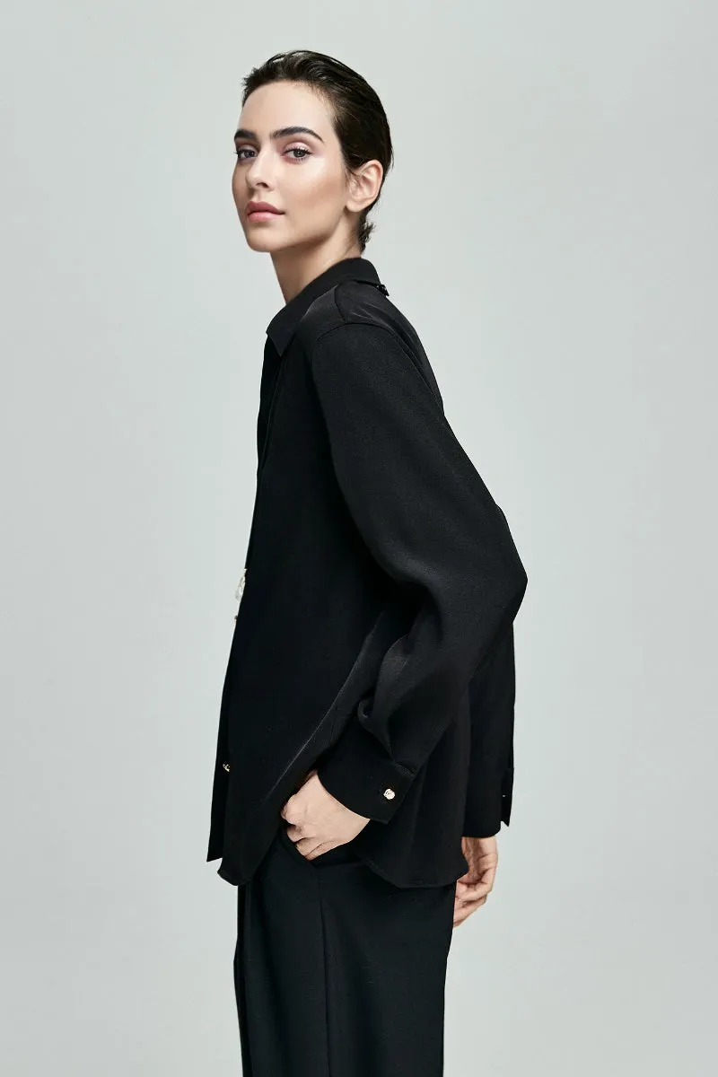 Relaxed Fit Long Sleeve Satin Button-Up Shirt in Black