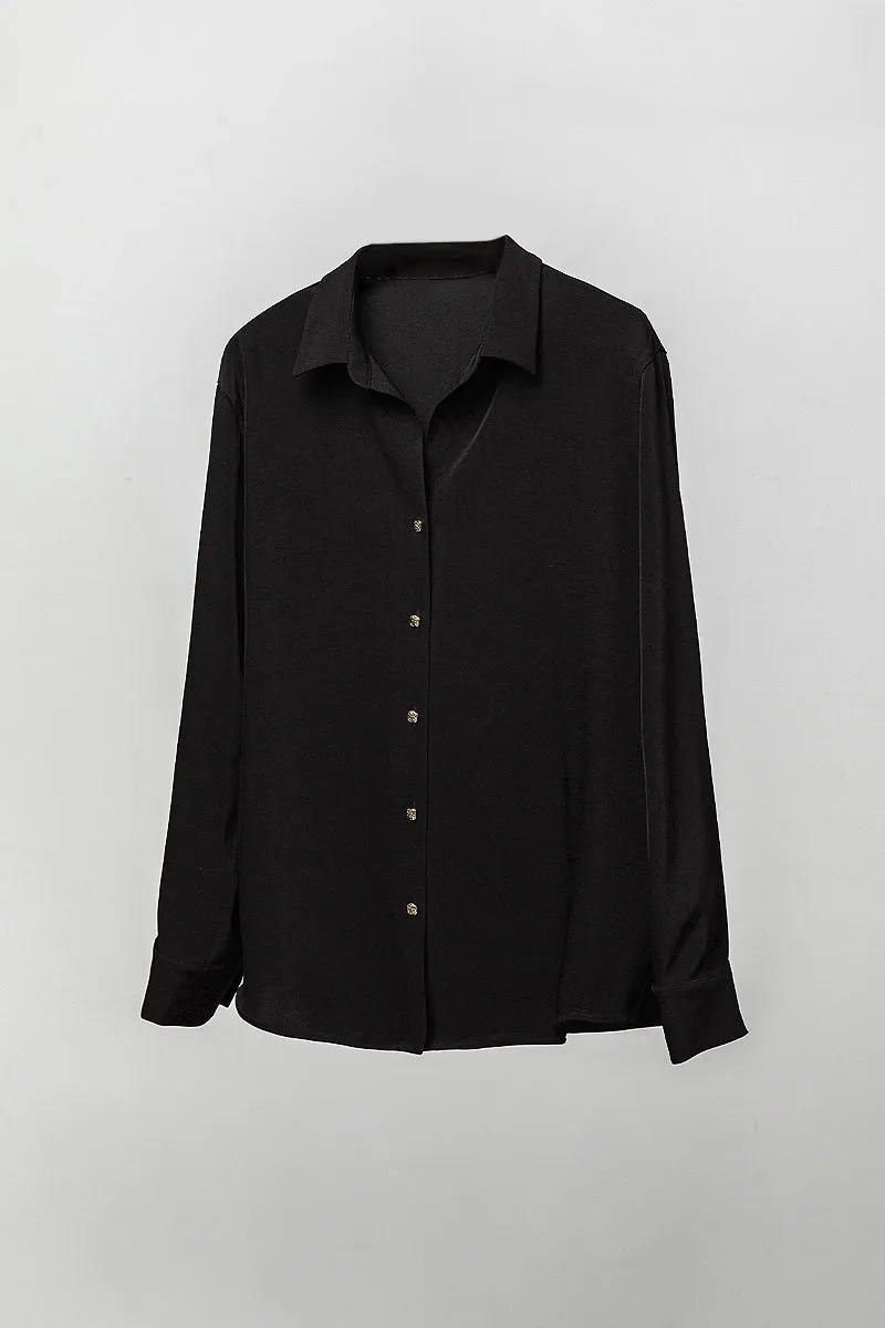 Relaxed Fit Long Sleeve Satin Button-Up Shirt in Black
