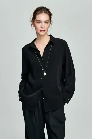 Relaxed Fit Long Sleeve Satin Button-Up Shirt in Black