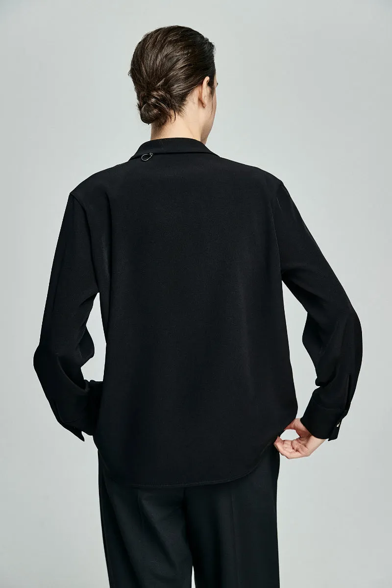 Relaxed Fit Long Sleeve Satin Button-Up Shirt in Black