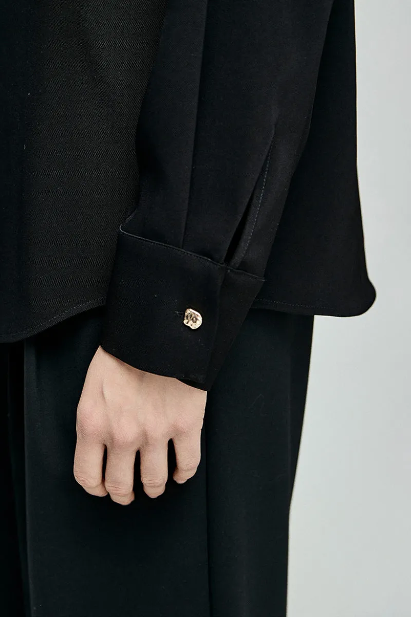 Relaxed Fit Long Sleeve Satin Button-Up Shirt in Black
