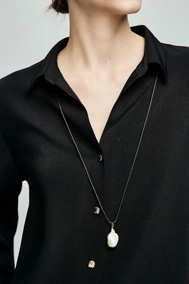 Relaxed Fit Long Sleeve Satin Button-Up Shirt in Black