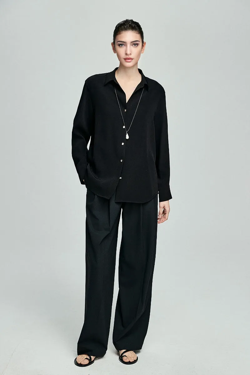 Relaxed Fit Long Sleeve Satin Button-Up Shirt in Black