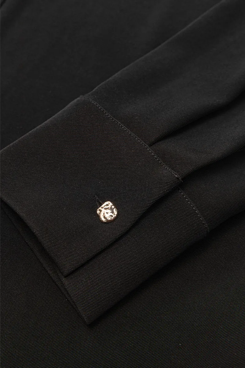 Relaxed Fit Long Sleeve Satin Button-Up Shirt in Black