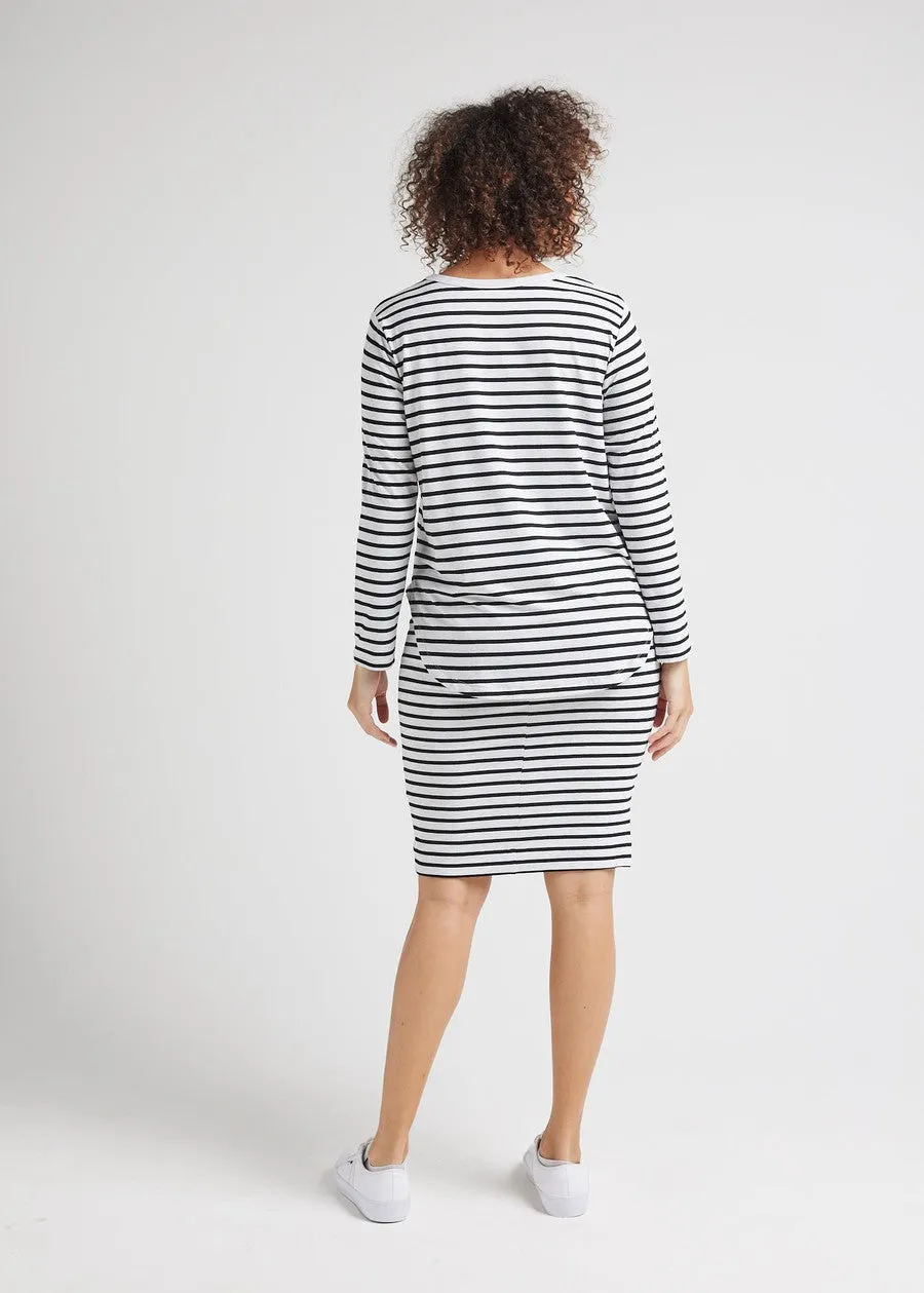 Sia V Neck Bamboo Longsleeve Top - Grey Marle & Black Stripe