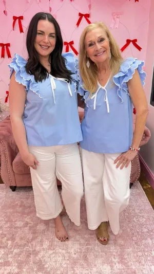 Solid Scallop Ruffle Sleeve V Neck Top