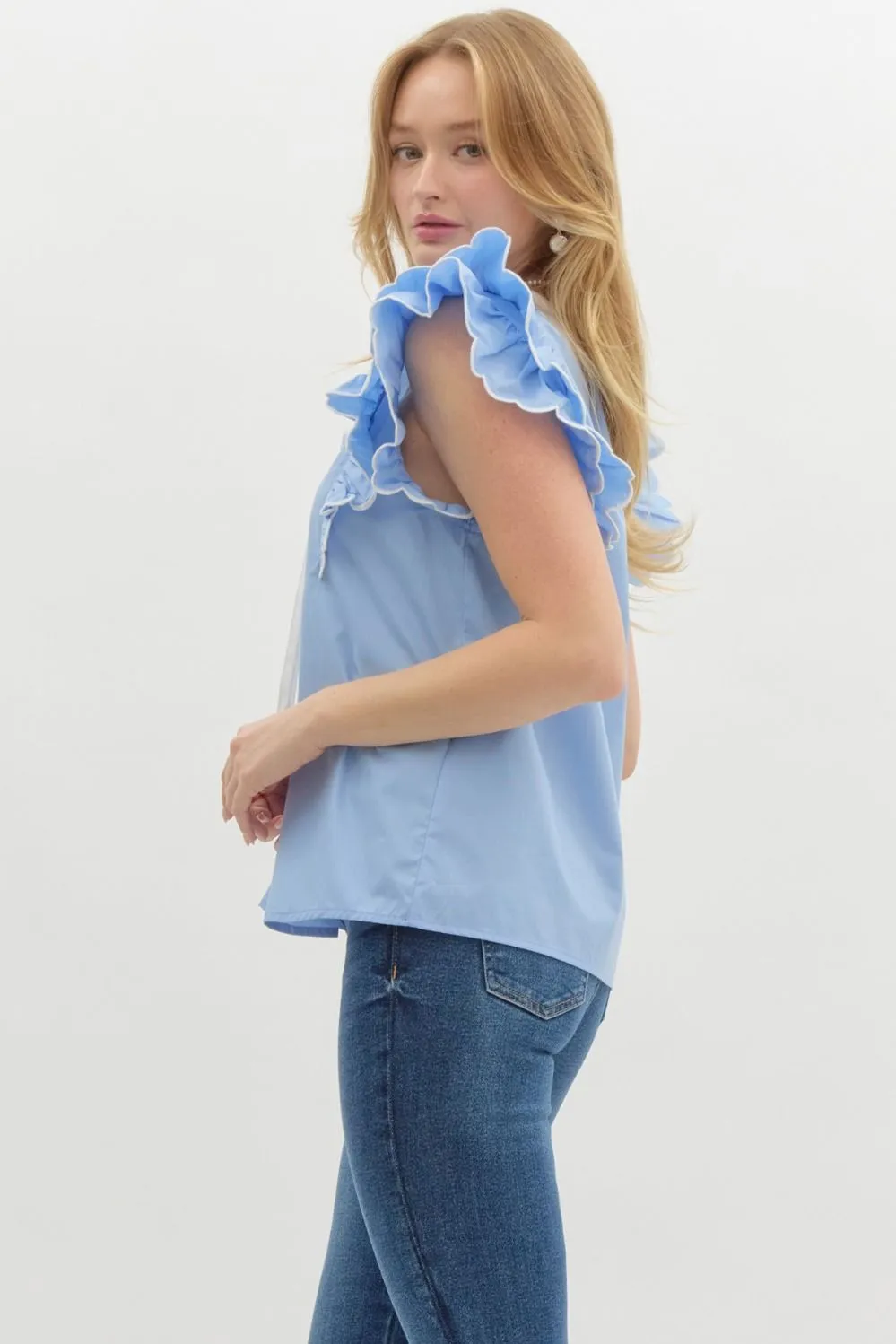 Solid Scallop Ruffle Sleeve V Neck Top