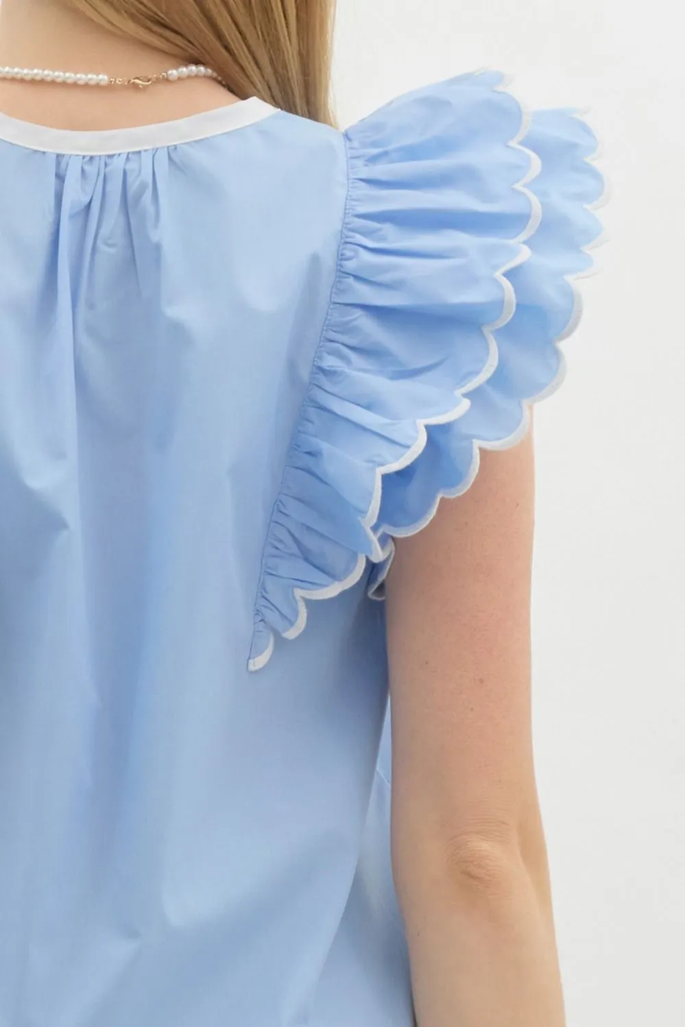 Solid Scallop Ruffle Sleeve V Neck Top