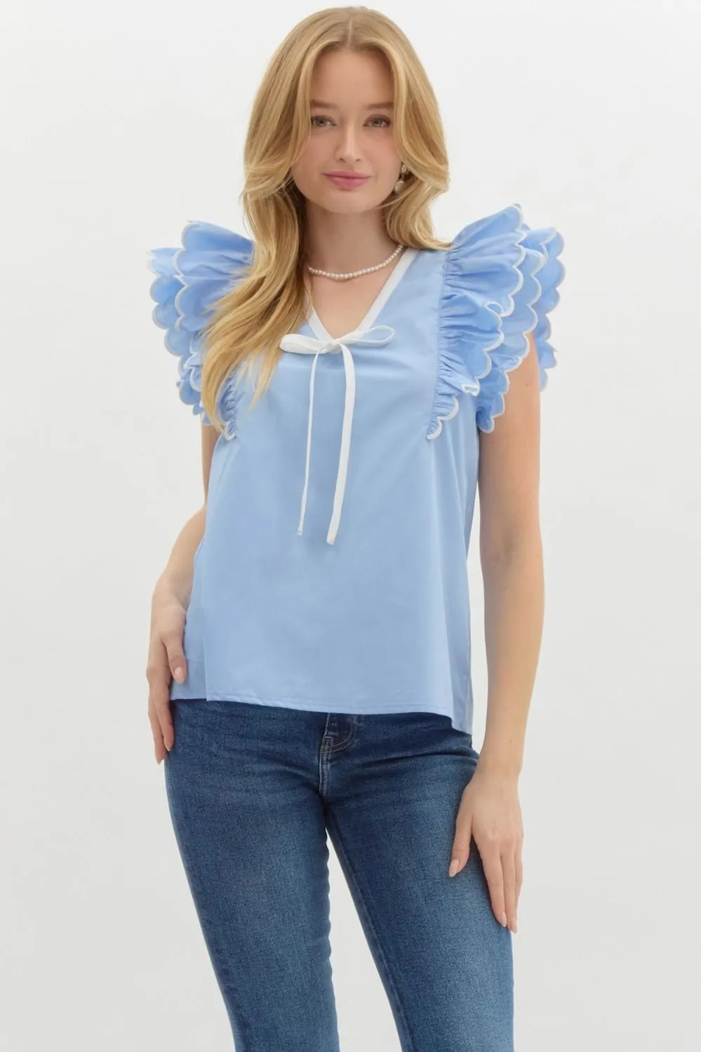 Solid Scallop Ruffle Sleeve V Neck Top