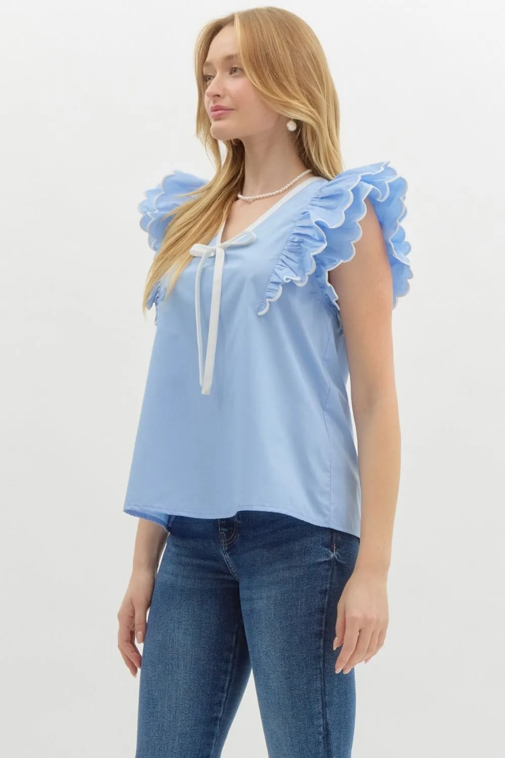 Solid Scallop Ruffle Sleeve V Neck Top