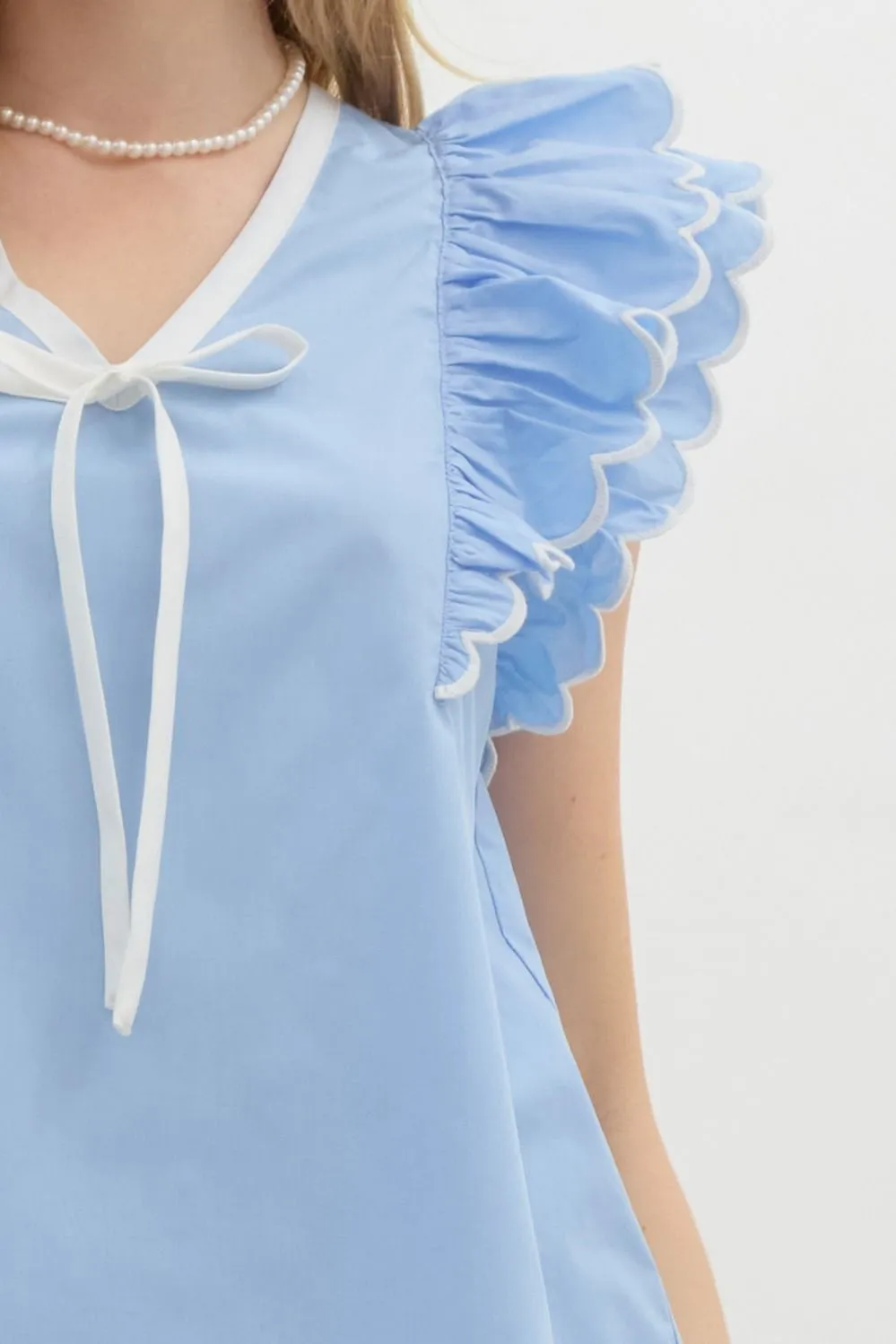 Solid Scallop Ruffle Sleeve V Neck Top