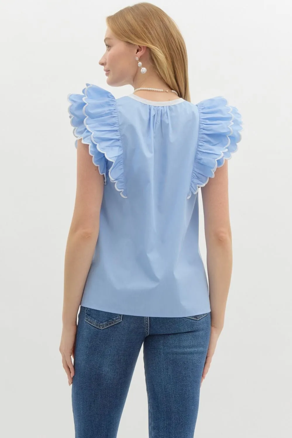 Solid Scallop Ruffle Sleeve V Neck Top