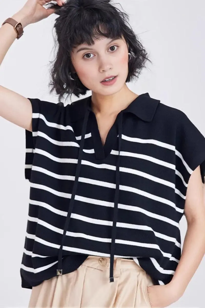 Striped V Neck Collared Knit Top