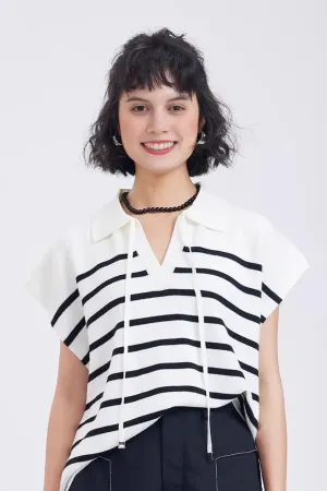 Striped V Neck Collared Knit Top