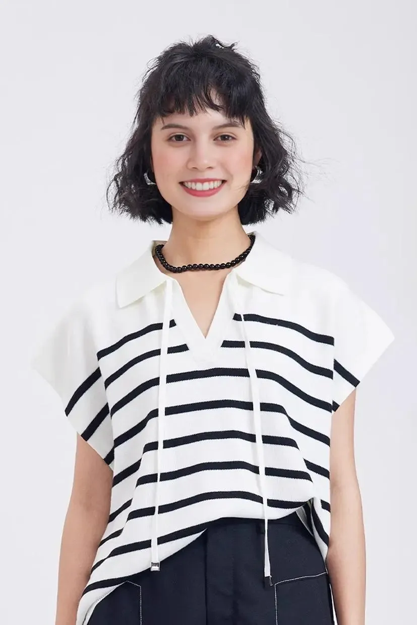 Striped V Neck Collared Knit Top
