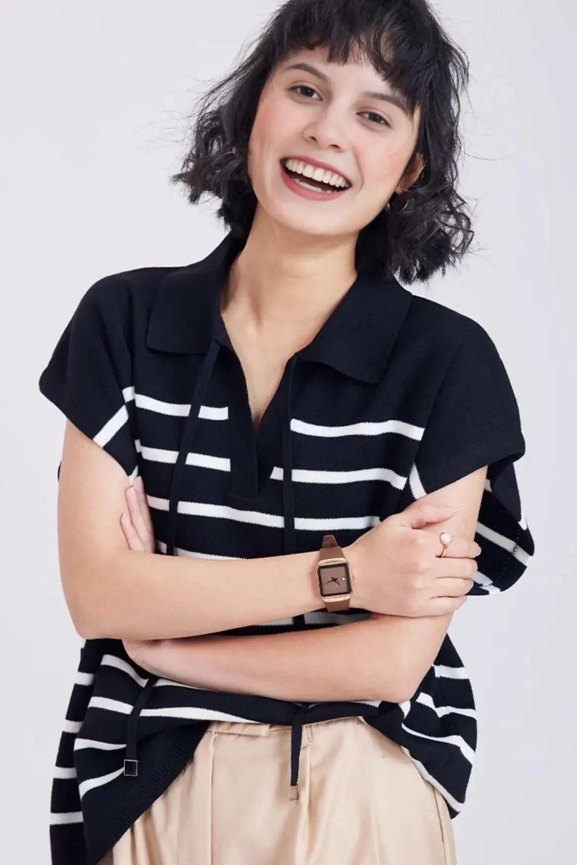 Striped V Neck Collared Knit Top