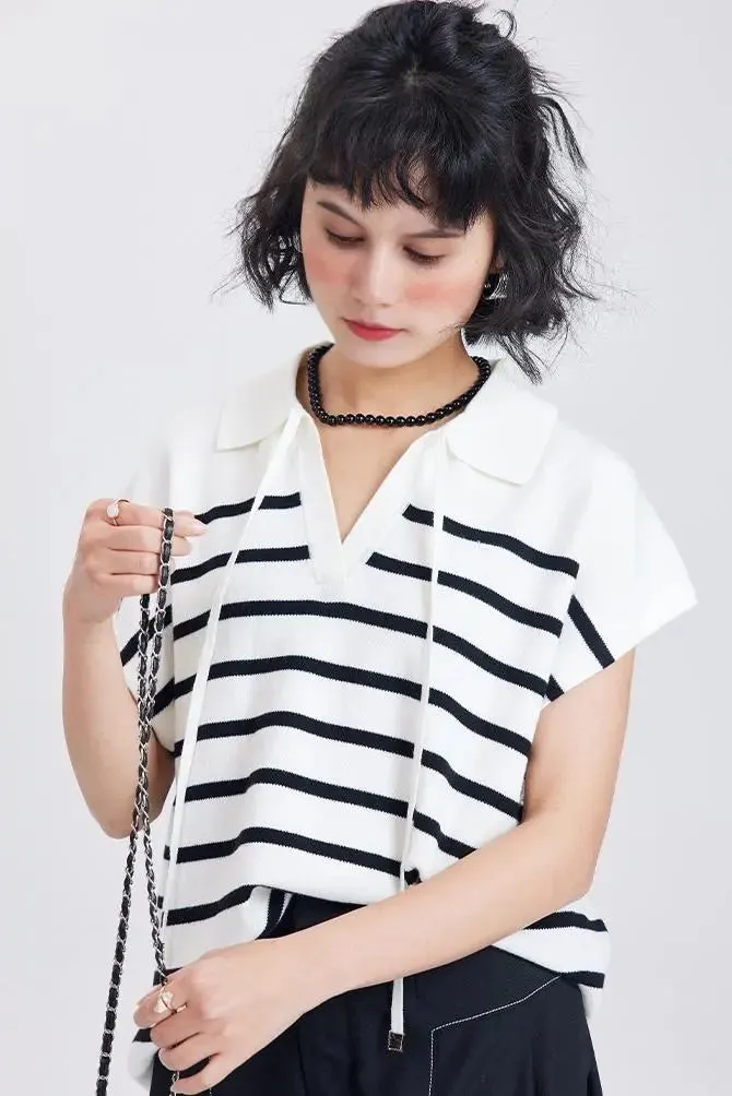 Striped V Neck Collared Knit Top
