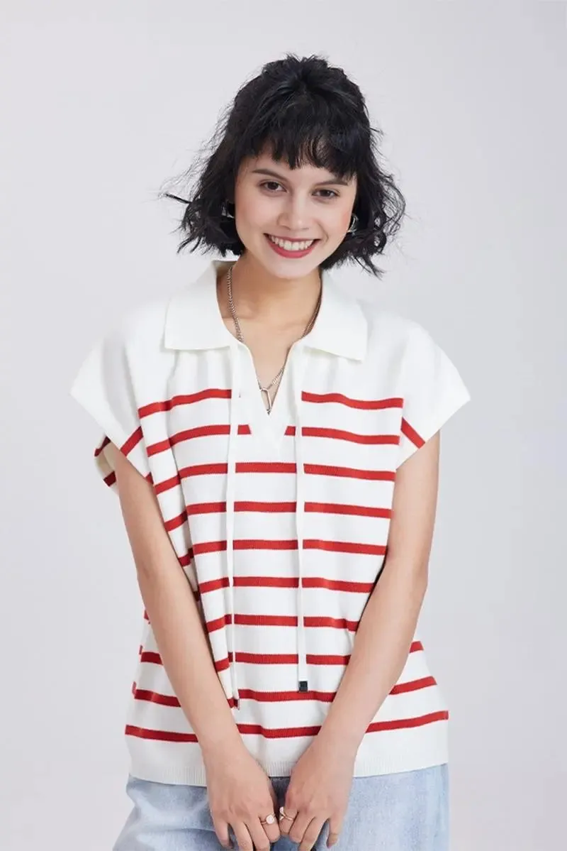 Striped V Neck Collared Knit Top
