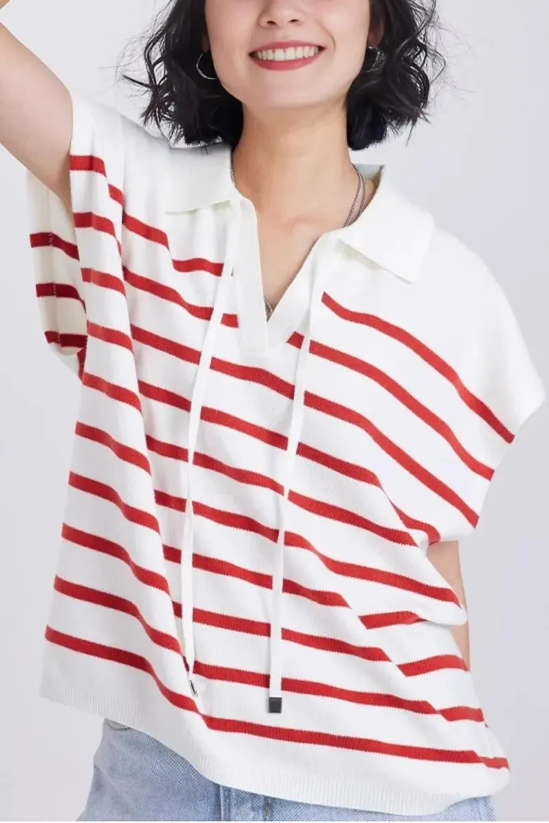 Striped V Neck Collared Knit Top