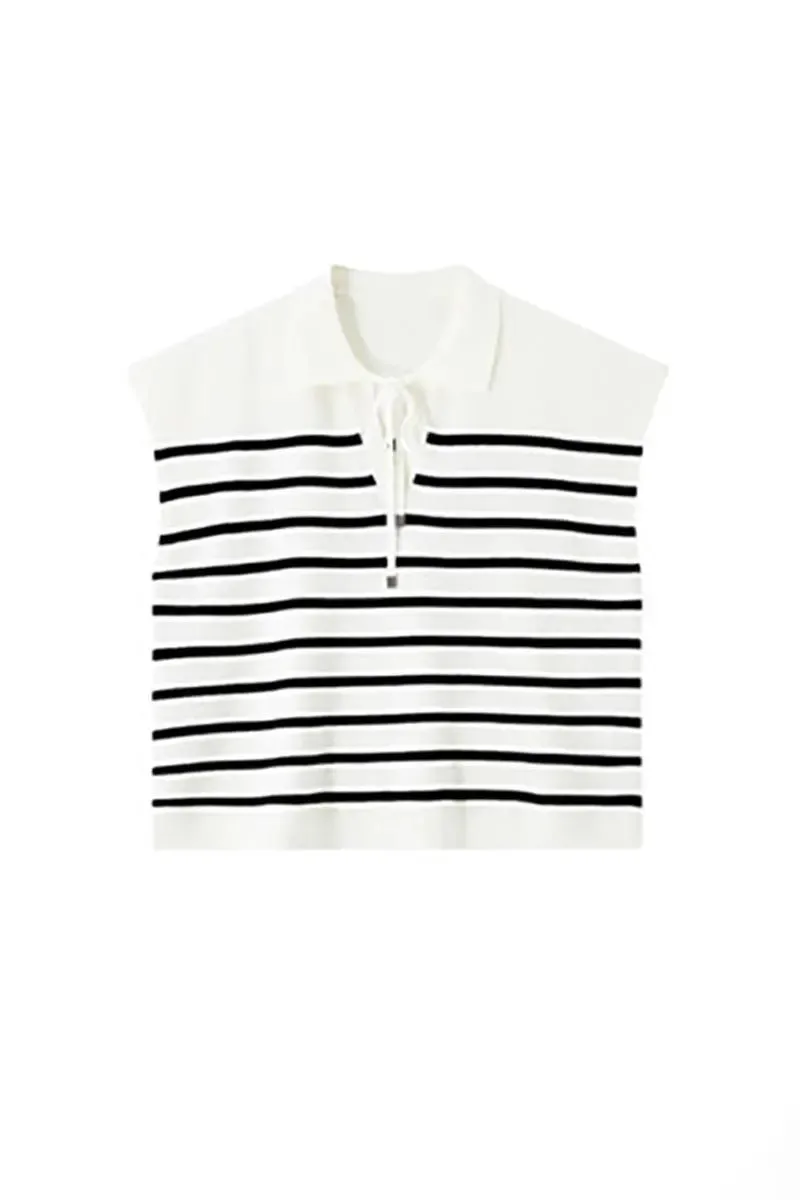 Striped V Neck Collared Knit Top