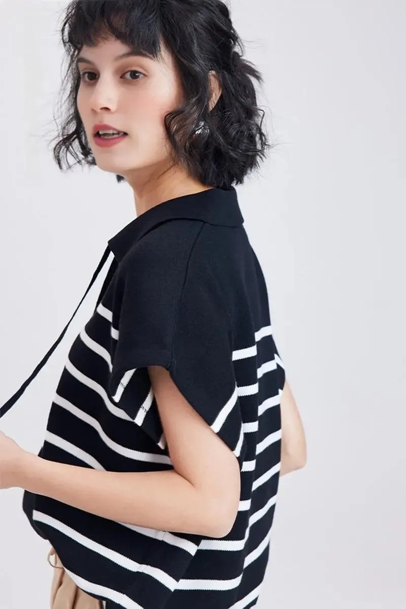 Striped V Neck Collared Knit Top