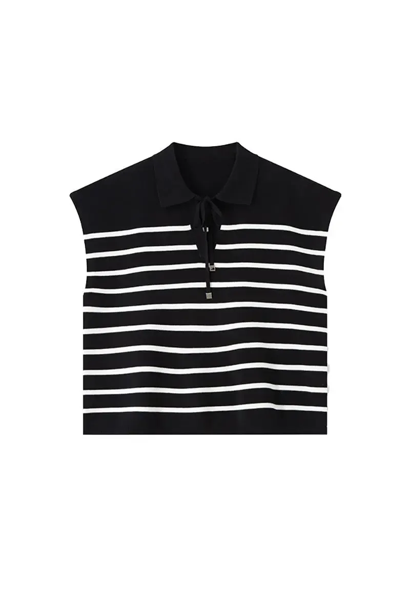 Striped V Neck Collared Knit Top