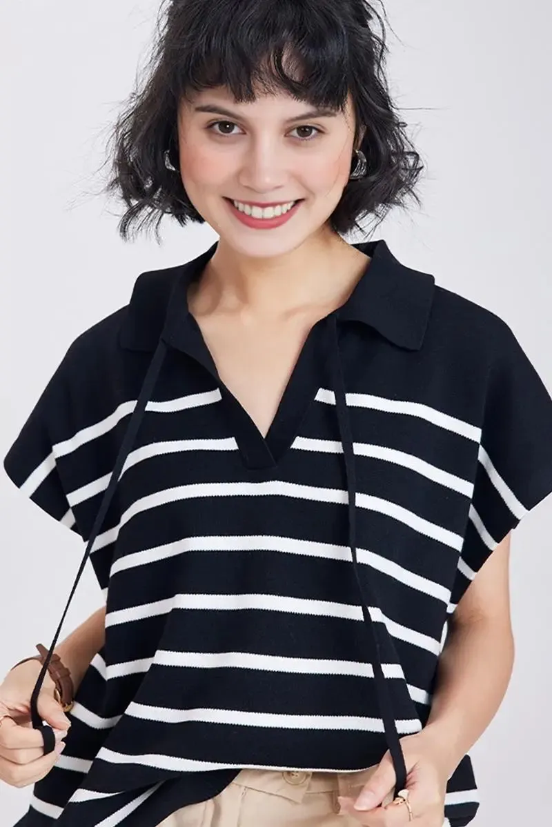 Striped V Neck Collared Knit Top