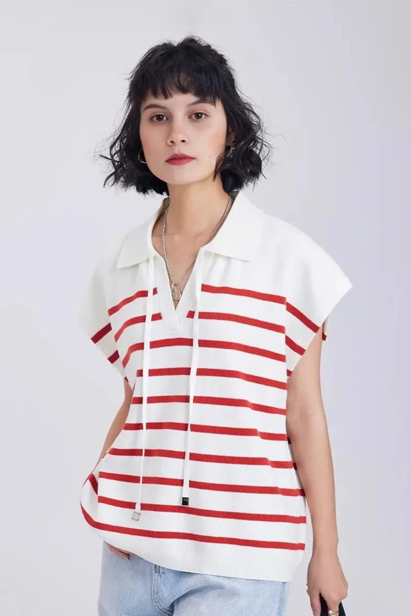 Striped V Neck Collared Knit Top