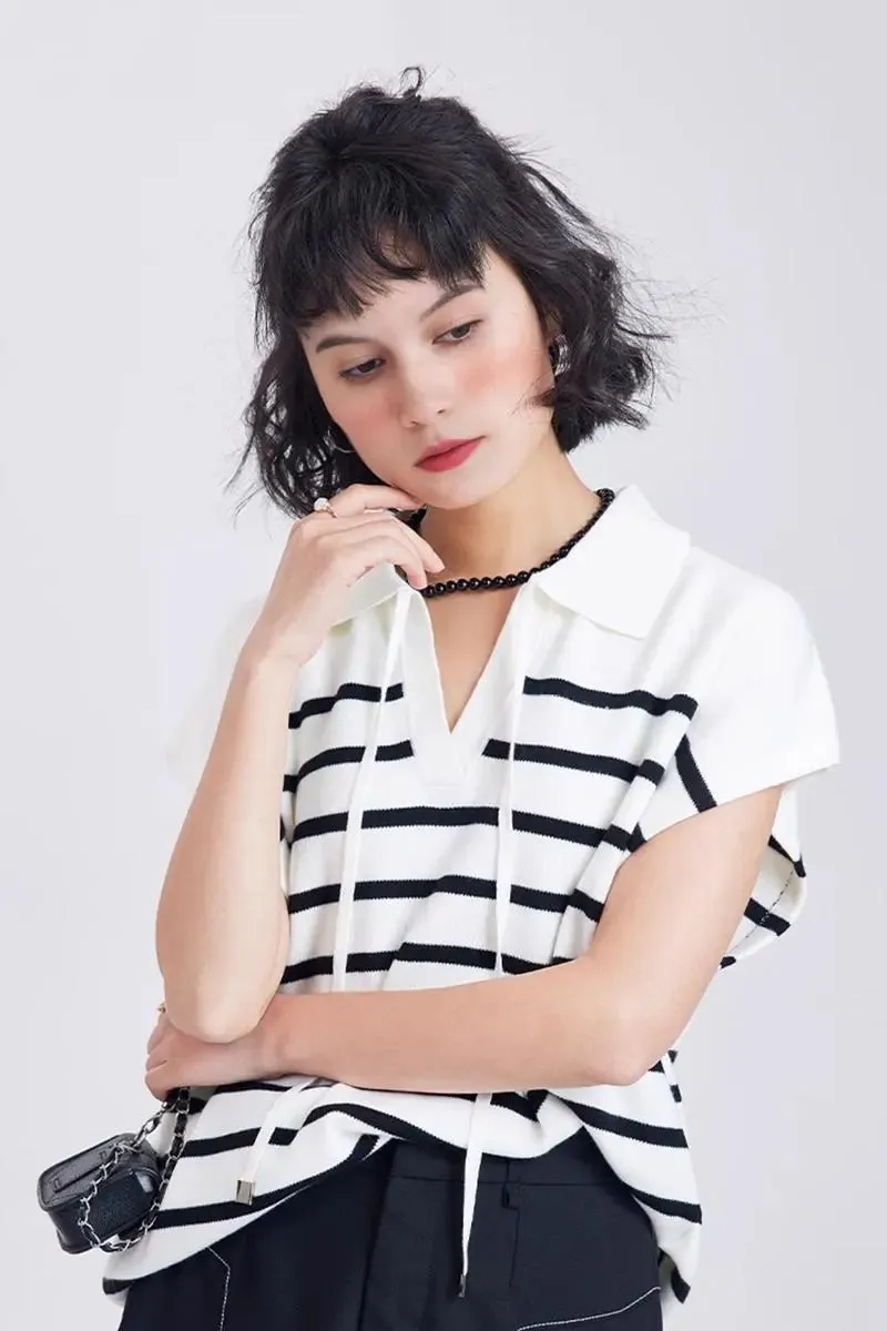 Striped V Neck Collared Knit Top