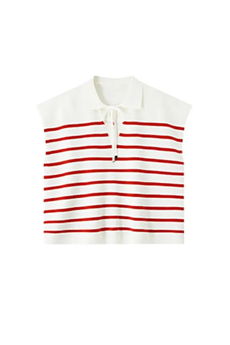 Striped V Neck Collared Knit Top
