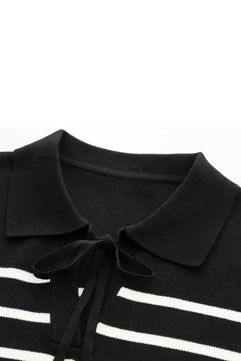 Striped V Neck Collared Knit Top