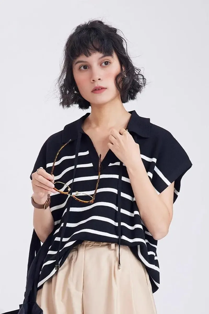 Striped V Neck Collared Knit Top