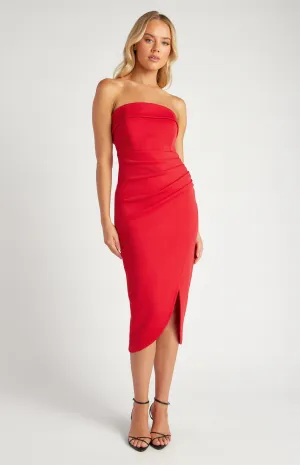 STYLE STATE STRAPLESS MIDI DRESS WITH PLEATED DETAIL RED
