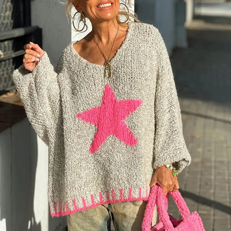 TAVIMART  -  Winter Elegant Patchwork Sweater Women Fashion Star Pattern Print Pullover Knitted Fall Sexy V-neck Long Sleeve Loose Jumper Top