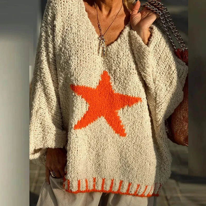 TAVIMART  -  Winter Elegant Patchwork Sweater Women Fashion Star Pattern Print Pullover Knitted Fall Sexy V-neck Long Sleeve Loose Jumper Top