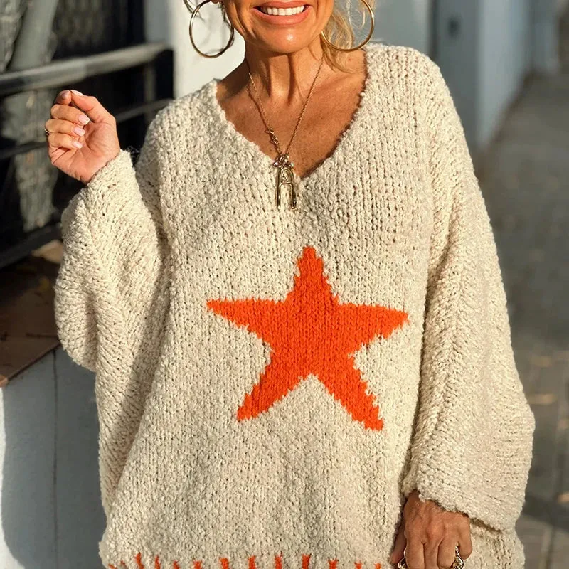 TAVIMART  -  Winter Elegant Patchwork Sweater Women Fashion Star Pattern Print Pullover Knitted Fall Sexy V-neck Long Sleeve Loose Jumper Top