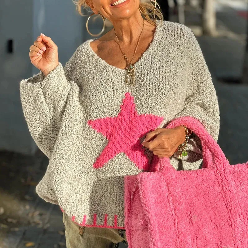 TAVIMART  -  Winter Elegant Patchwork Sweater Women Fashion Star Pattern Print Pullover Knitted Fall Sexy V-neck Long Sleeve Loose Jumper Top
